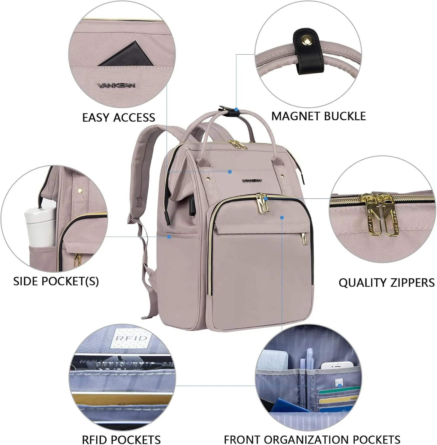 VANKEAN 15.6-16.2 Inch Laptop Backpack Carry On for Women Computer Work Backpack, Water Proof College Daypack with USB Port RFID Pocket, Business Travel Light Dusty Pink