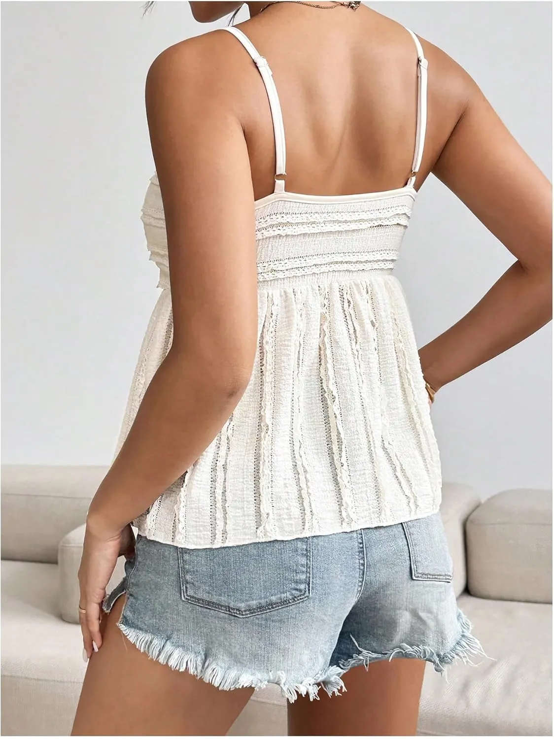 Verdusa Women's Baby Doll Peplum Going Out Tops Ruched Lace Trim Cami Summer Top