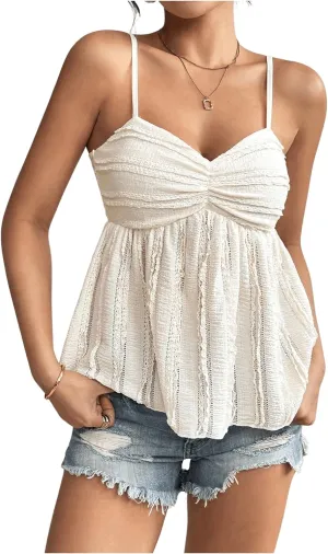 Verdusa Women's Baby Doll Peplum Going Out Tops Ruched Lace Trim Cami Summer Top