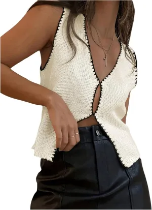 Verdusa Women's Cut Out Sweater Vest V Neck Sleeveless Knitted Vest Tops