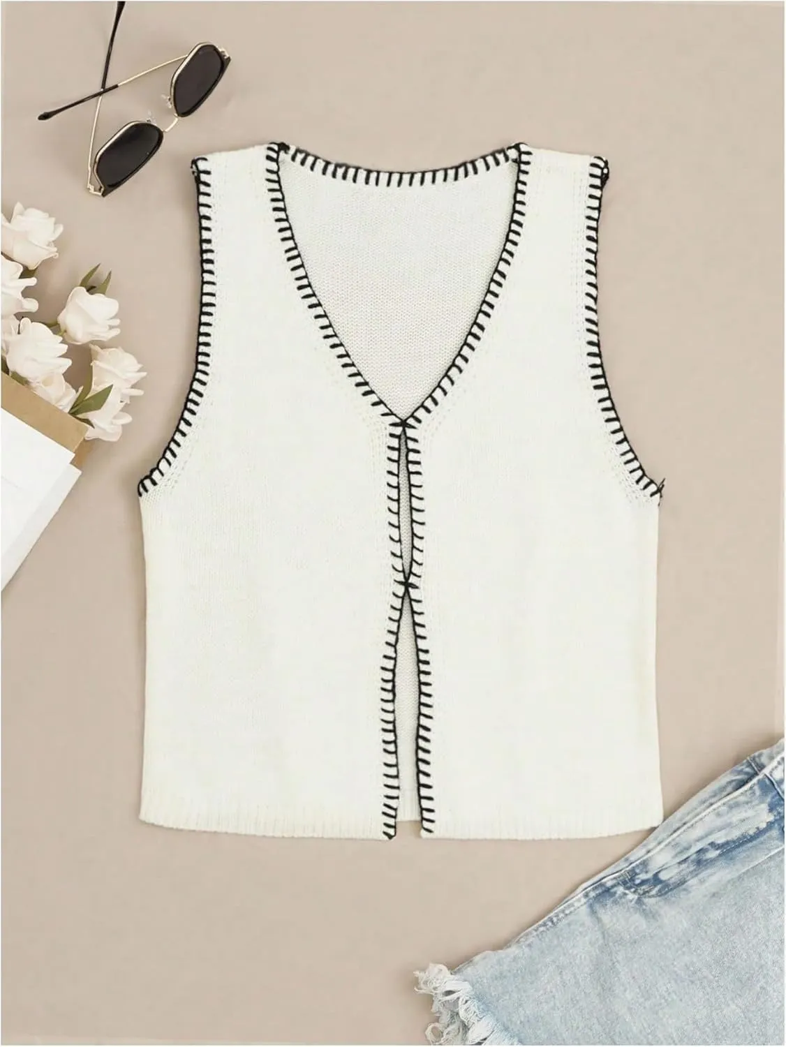 Verdusa Women's Cut Out Sweater Vest V Neck Sleeveless Knitted Vest Tops