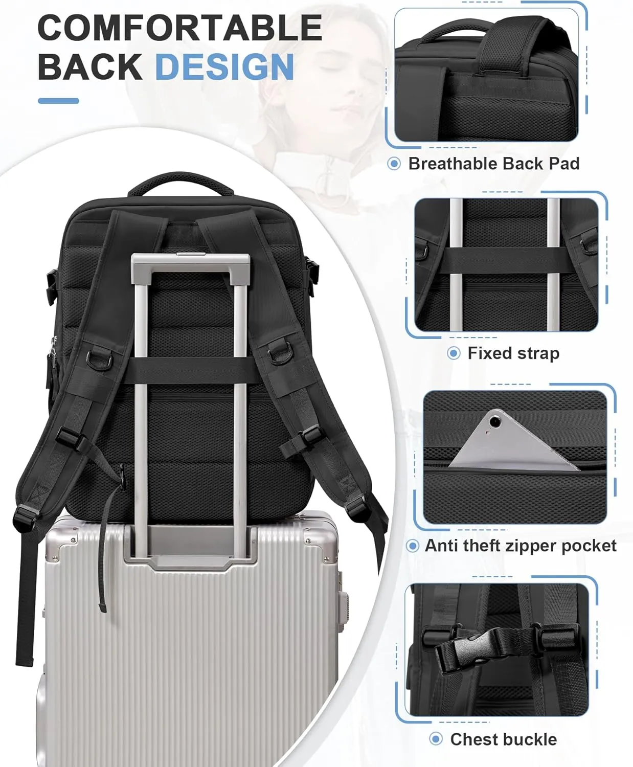 VGCUB Travel Backpack for Women Men for Spirit Airlines Personal Item Bag 18x14x8 Inches Laptop College Backpack,Waterproof Carry on Flight Approved Work Backpack Mochila de Viaje,Large Black
