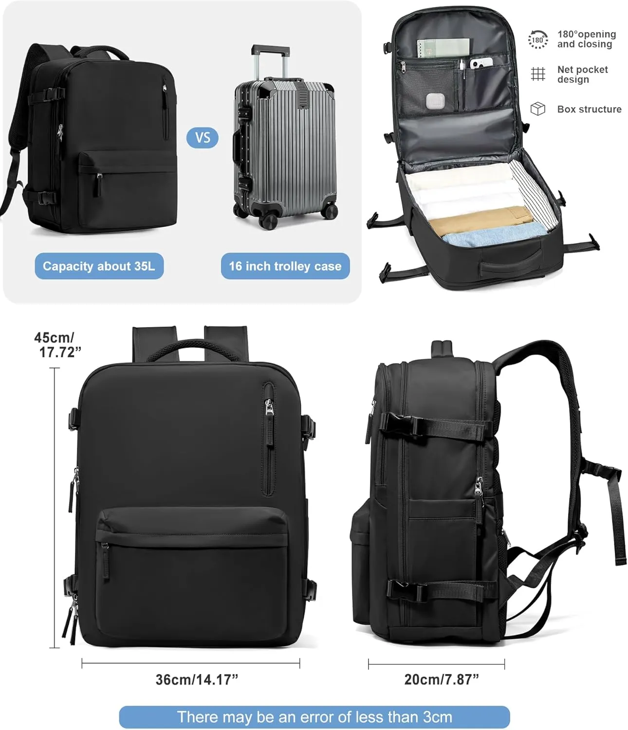 VGCUB Travel Backpack for Women Men for Spirit Airlines Personal Item Bag 18x14x8 Inches Laptop College Backpack,Waterproof Carry on Flight Approved Work Backpack Mochila de Viaje,Large Black