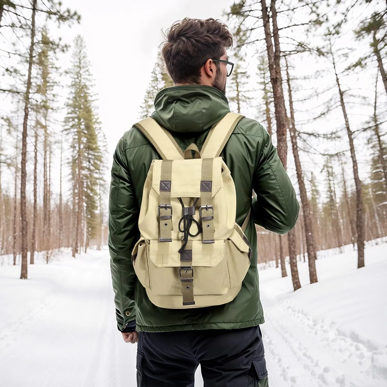 Vintage Canvas Backpack for Men Women, Durable Casual Daypack, Large Capacity Travel Rucksack Fits for Hiking and Daily Use (Khaki)