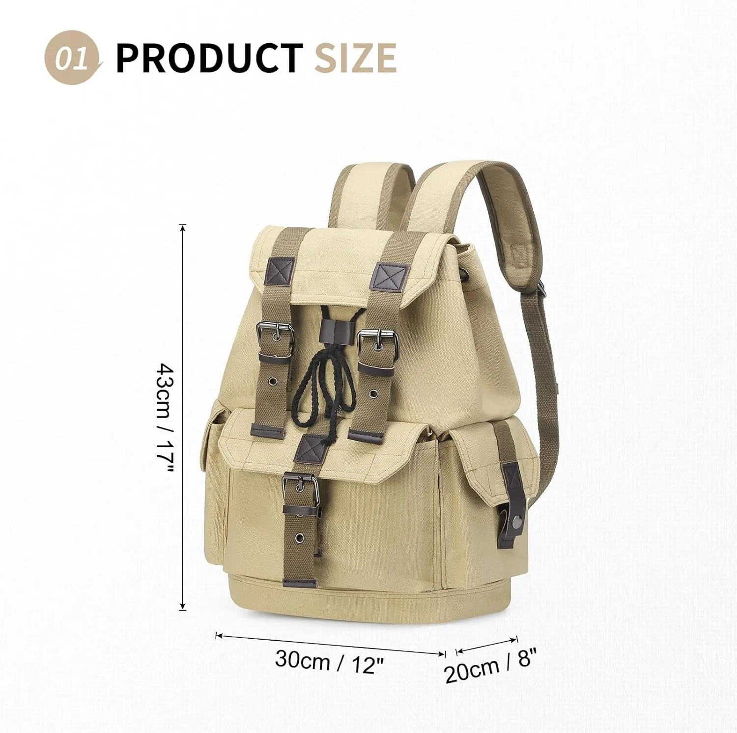 Vintage Canvas Backpack for Men Women, Durable Casual Daypack, Large Capacity Travel Rucksack Fits for Hiking and Daily Use (Khaki)