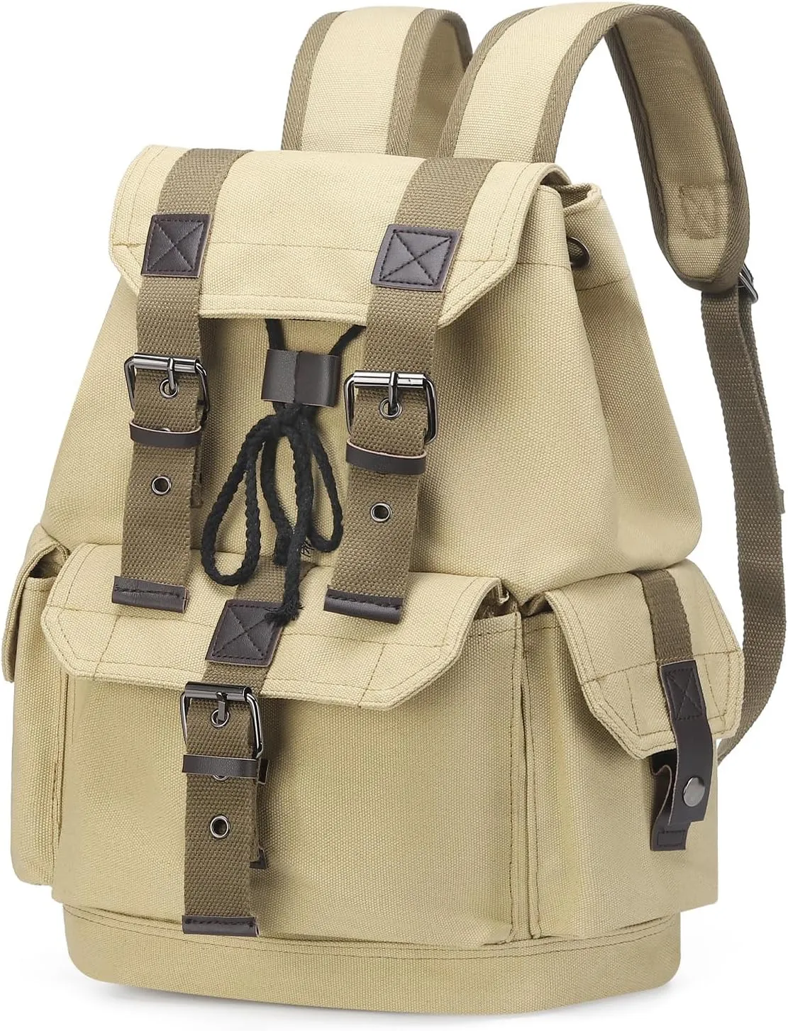 Vintage Canvas Backpack for Men Women, Durable Casual Daypack, Large Capacity Travel Rucksack Fits for Hiking and Daily Use (Khaki)