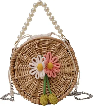 Vintage Handwoven Pearl Crossbody Straw Bag Round Basket Style Handbag Satchel Wristlet Beach Vacation Daily Use