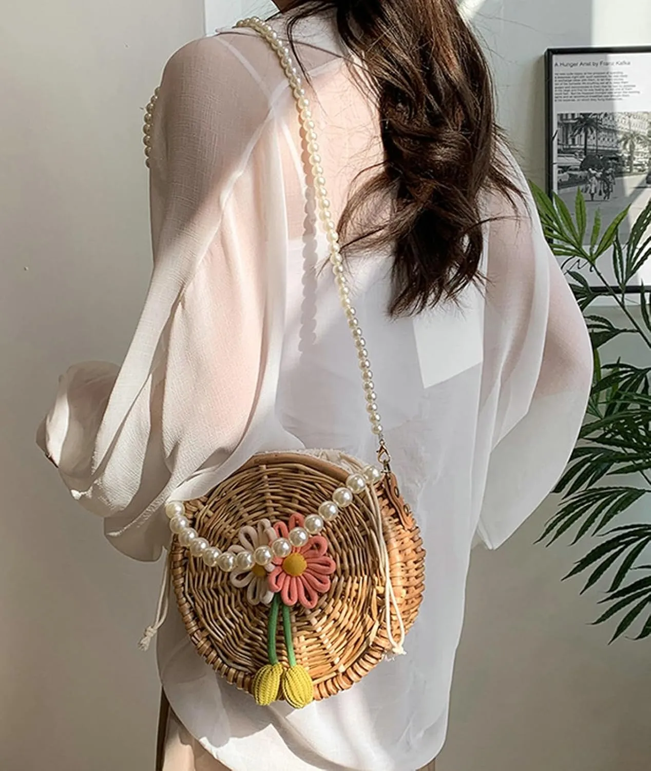 Vintage Handwoven Pearl Crossbody Straw Bag Round Basket Style Handbag Satchel Wristlet Beach Vacation Daily Use