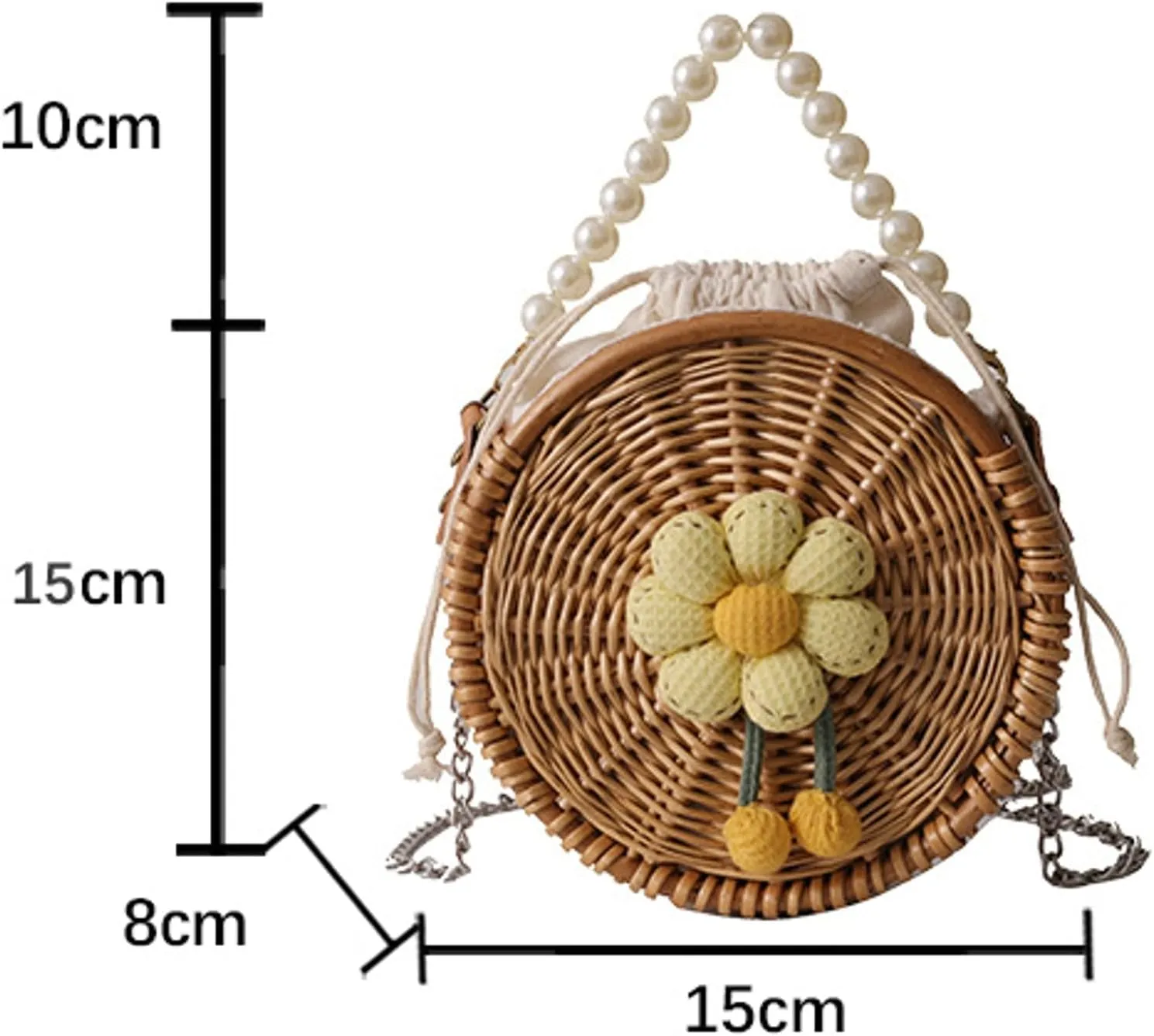 Vintage Handwoven Pearl Crossbody Straw Bag Round Basket Style Handbag Satchel Wristlet Beach Vacation Daily Use