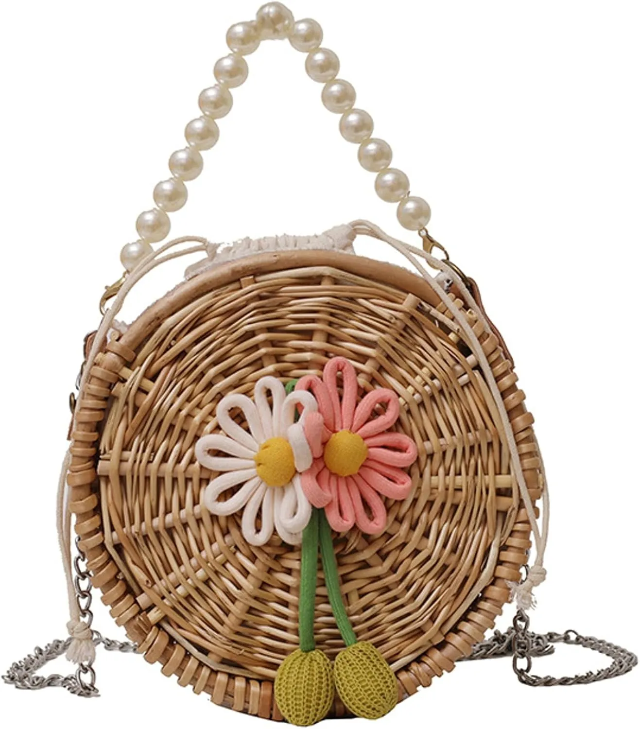 Vintage Handwoven Pearl Crossbody Straw Bag Round Basket Style Handbag Satchel Wristlet Beach Vacation Daily Use