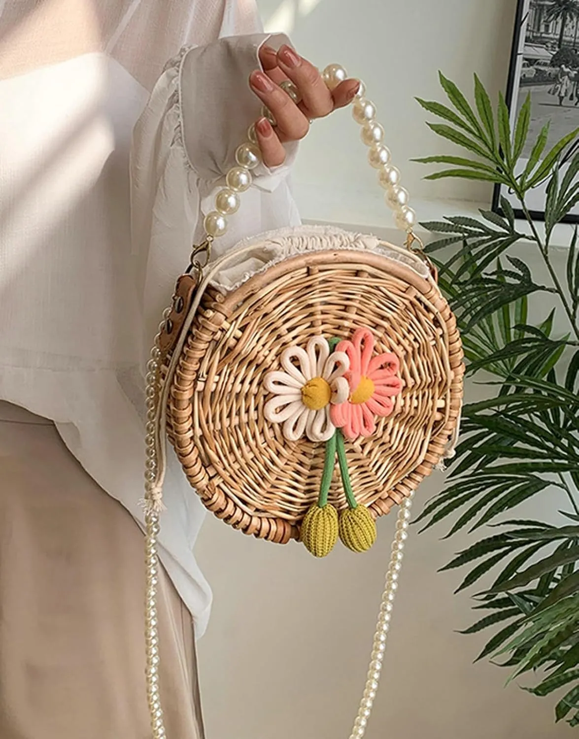 Vintage Handwoven Pearl Crossbody Straw Bag Round Basket Style Handbag Satchel Wristlet Beach Vacation Daily Use