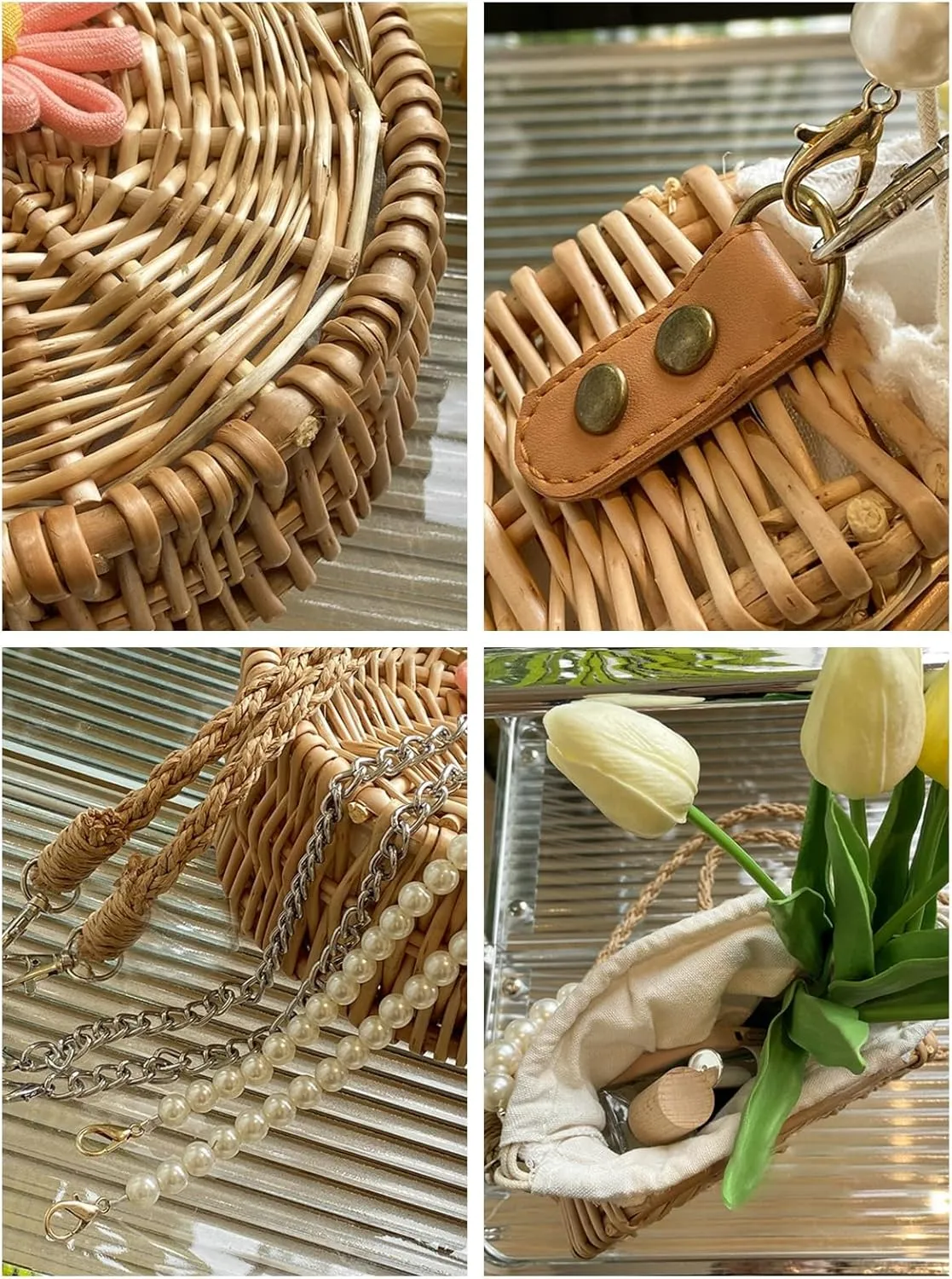 Vintage Handwoven Pearl Crossbody Straw Bag Round Basket Style Handbag Satchel Wristlet Beach Vacation Daily Use