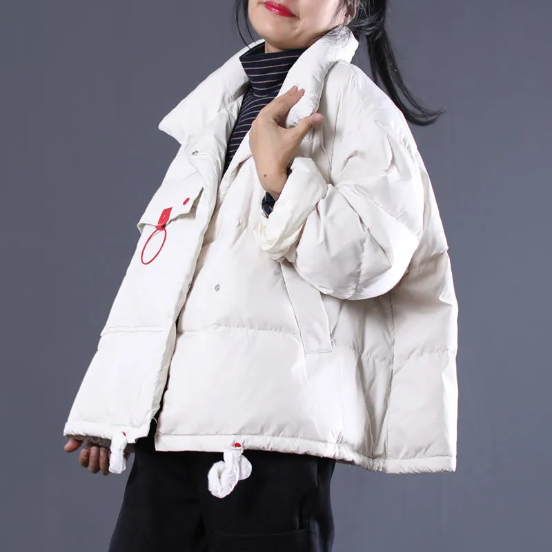 white Outfits oversize stand collar thick quilted coat Elegant double breasted down coats