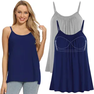 Women Flowy Pleated Camisole with Built in Bra Loose Casual Sleeveless Tank Tops