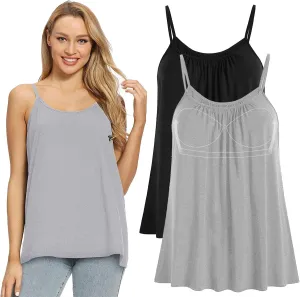 Women Flowy Pleated Camisole with Built in Bra Loose Casual Sleeveless Tank Tops