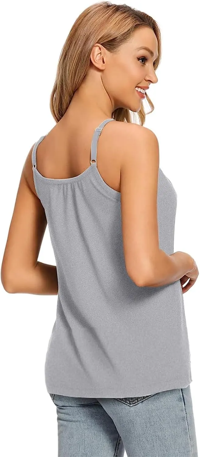 Women Flowy Pleated Camisole with Built in Bra Loose Casual Sleeveless Tank Tops