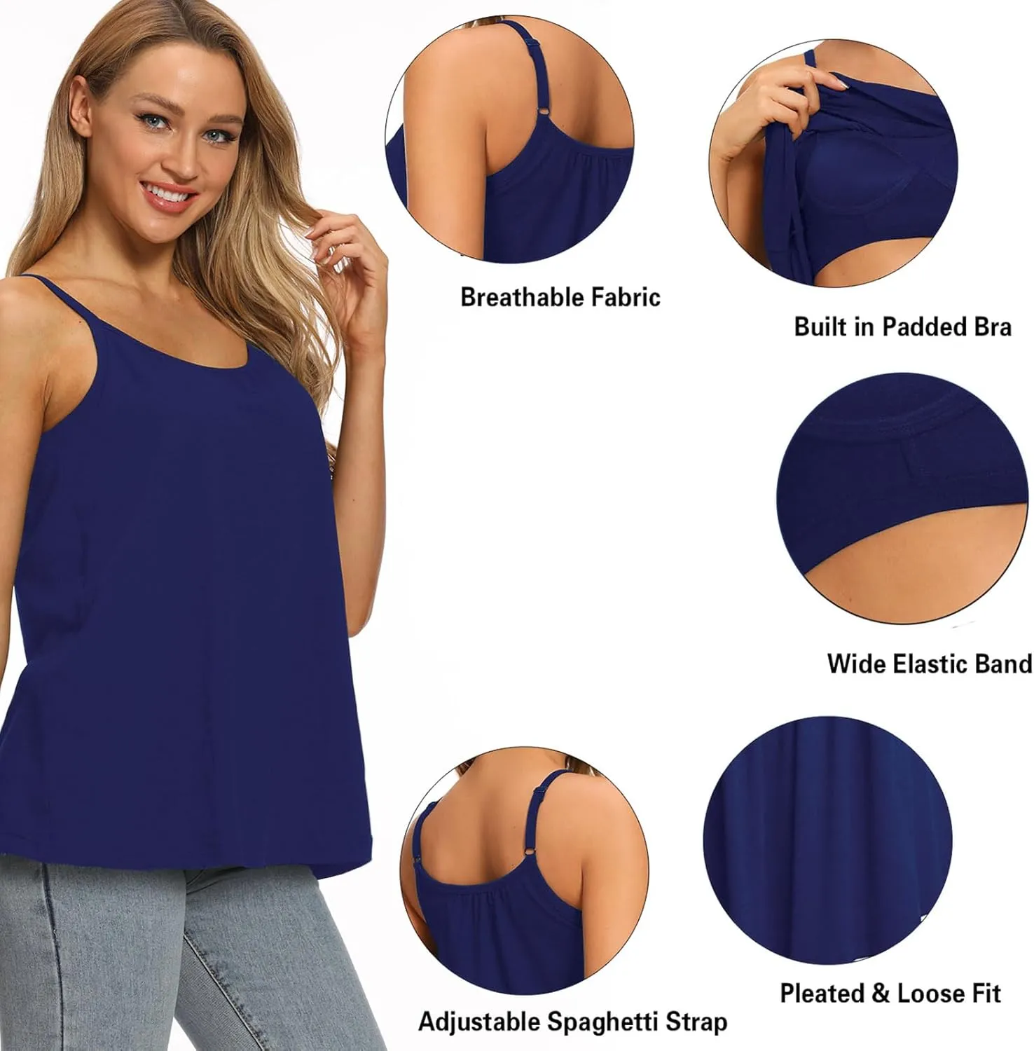 Women Flowy Pleated Camisole with Built in Bra Loose Casual Sleeveless Tank Tops