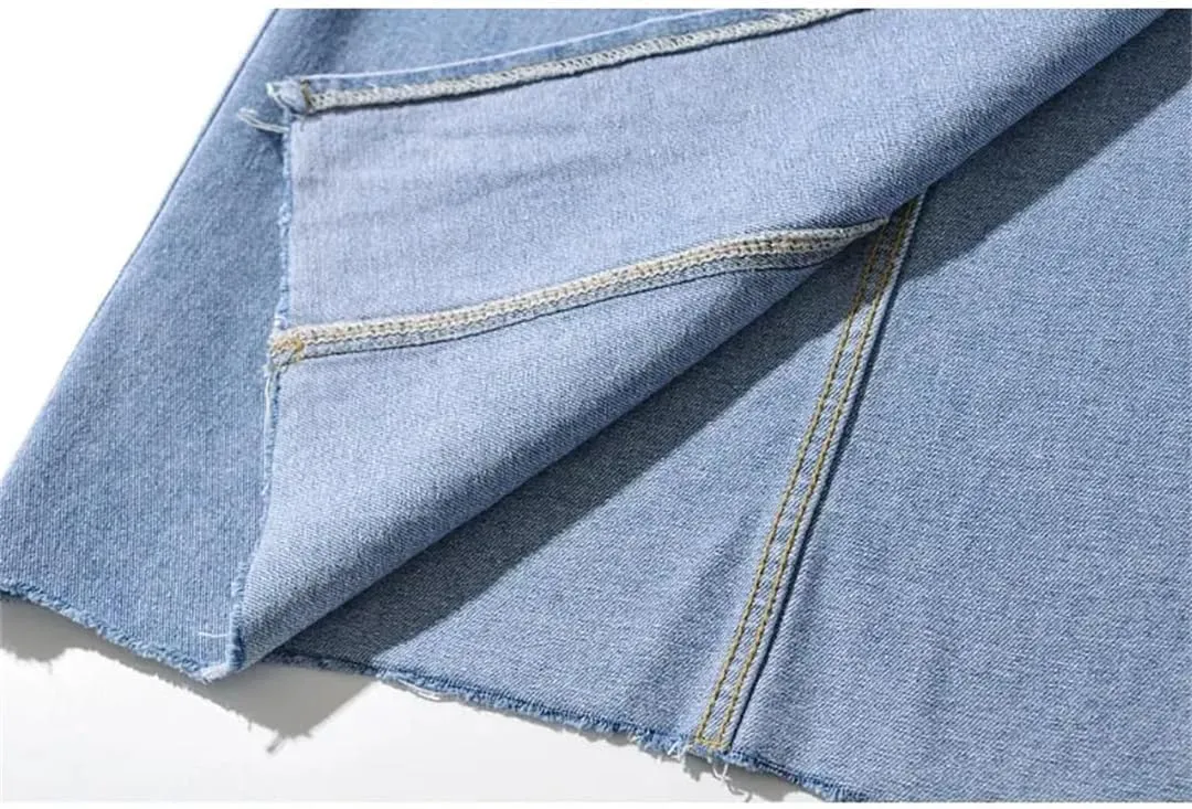 Women High-Waisted Mid-Length Denim Skirt for Raw Gradient Blue Denim Skirt Side Slits Vintage Clothing Skirt