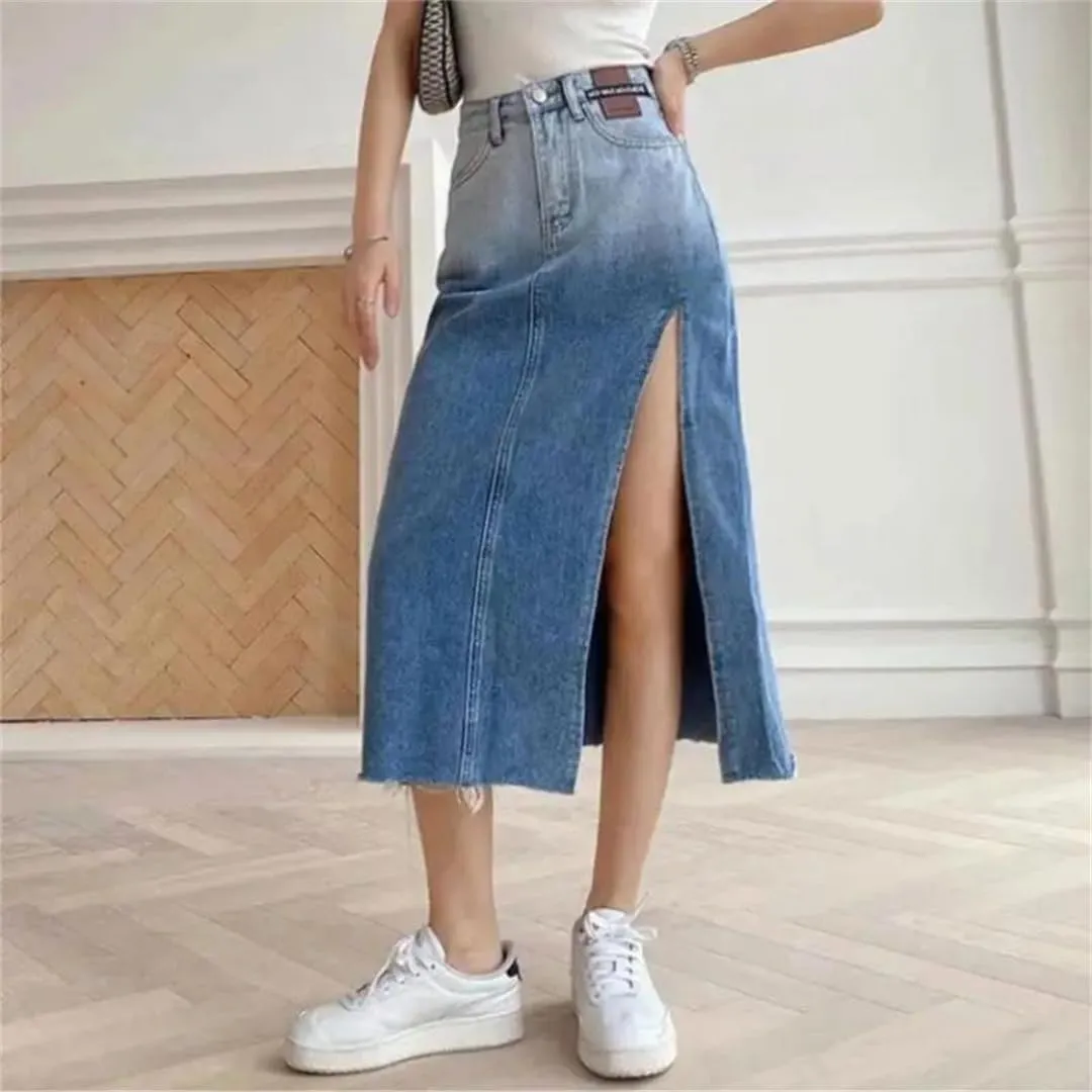 Women High-Waisted Mid-Length Denim Skirt for Raw Gradient Blue Denim Skirt Side Slits Vintage Clothing Skirt