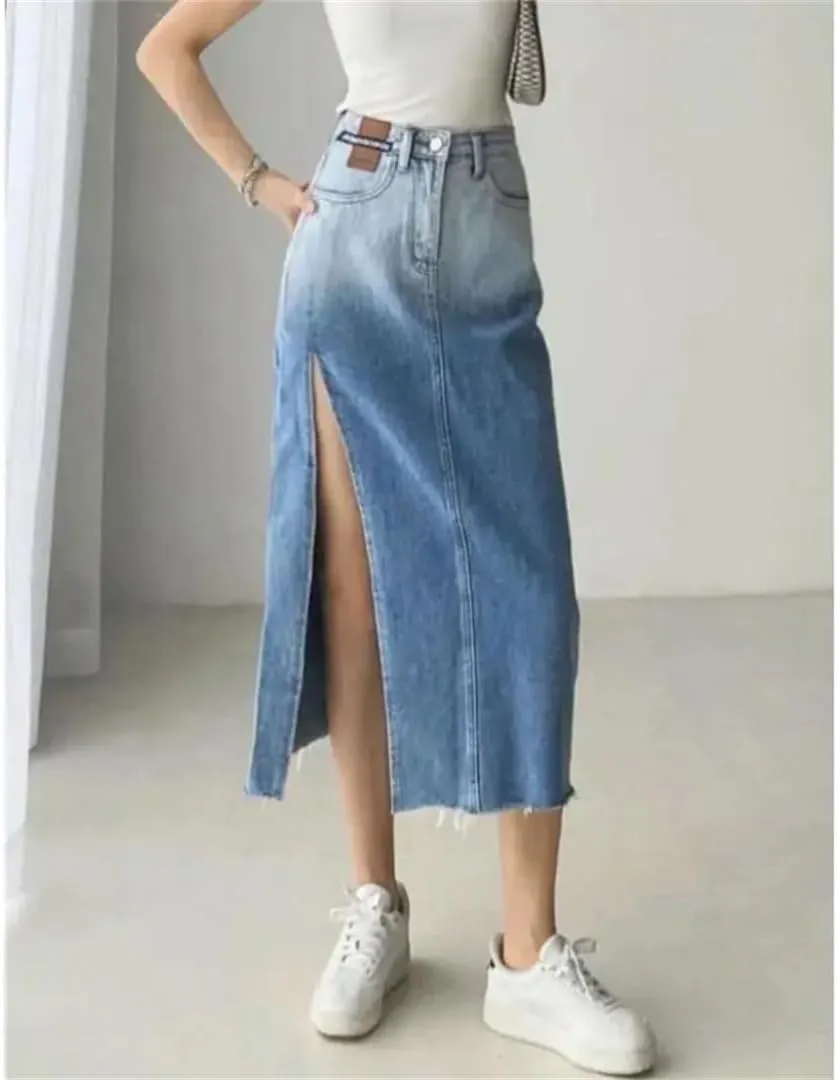 Women High-Waisted Mid-Length Denim Skirt for Raw Gradient Blue Denim Skirt Side Slits Vintage Clothing Skirt