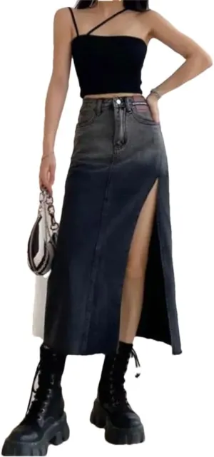 Women High-Waisted Mid-Length Denim Skirt for Raw Gradient Blue Denim Skirt Side Slits Vintage Clothing Skirt