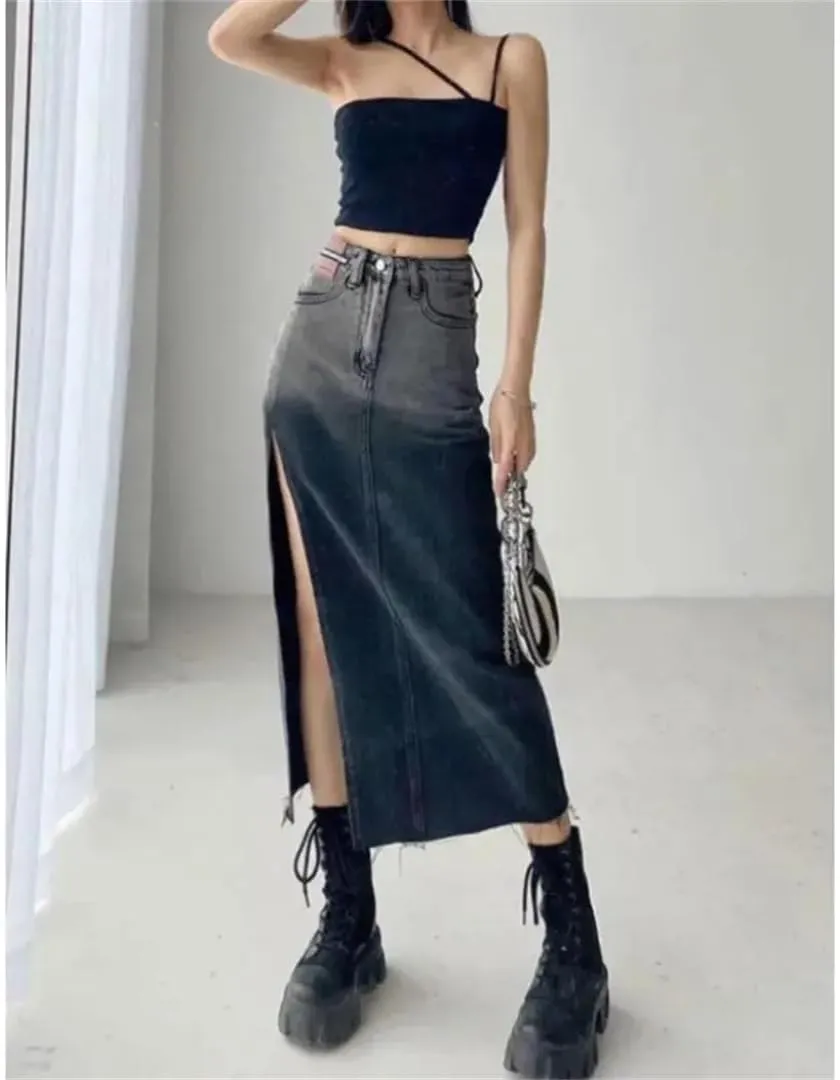 Women High-Waisted Mid-Length Denim Skirt for Raw Gradient Blue Denim Skirt Side Slits Vintage Clothing Skirt
