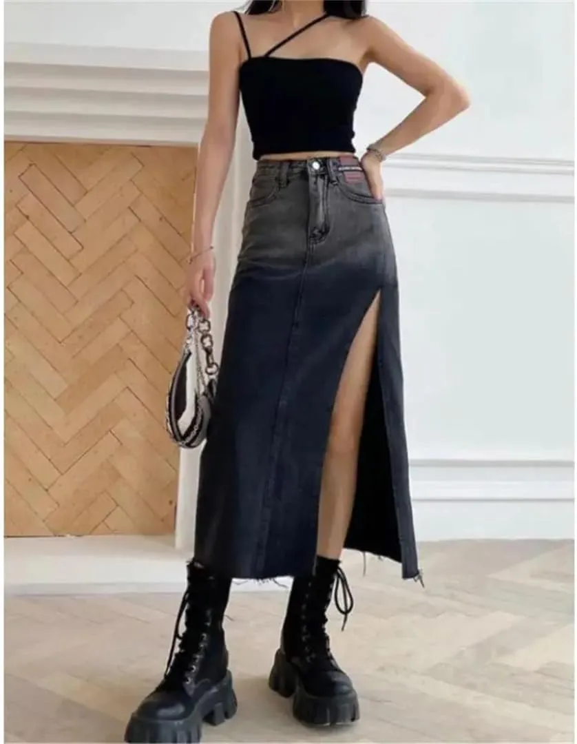 Women High-Waisted Mid-Length Denim Skirt for Raw Gradient Blue Denim Skirt Side Slits Vintage Clothing Skirt