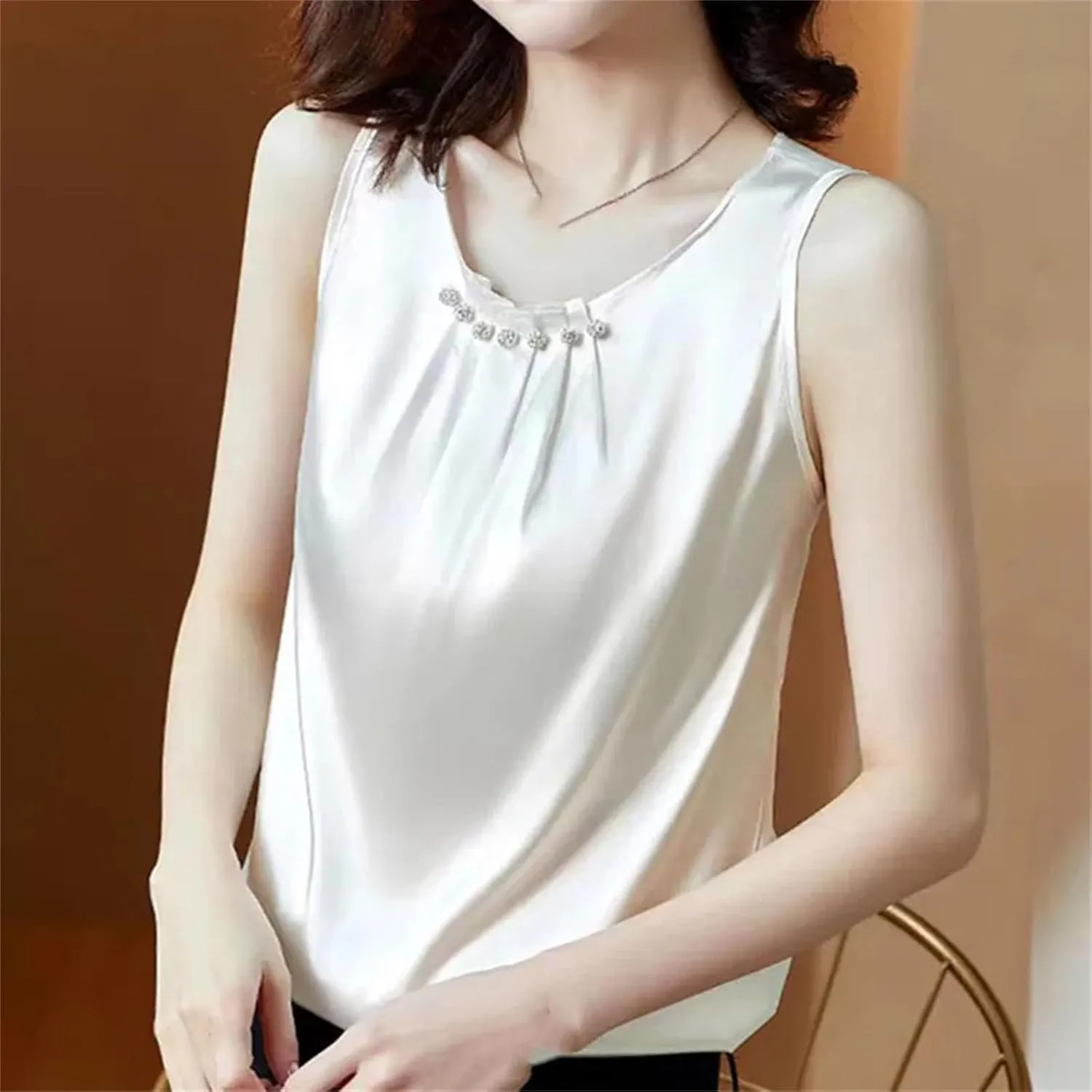 Women's Camisole Loose Clothes O Neck Basic White Sleeveless Satin Silk Tank Tops