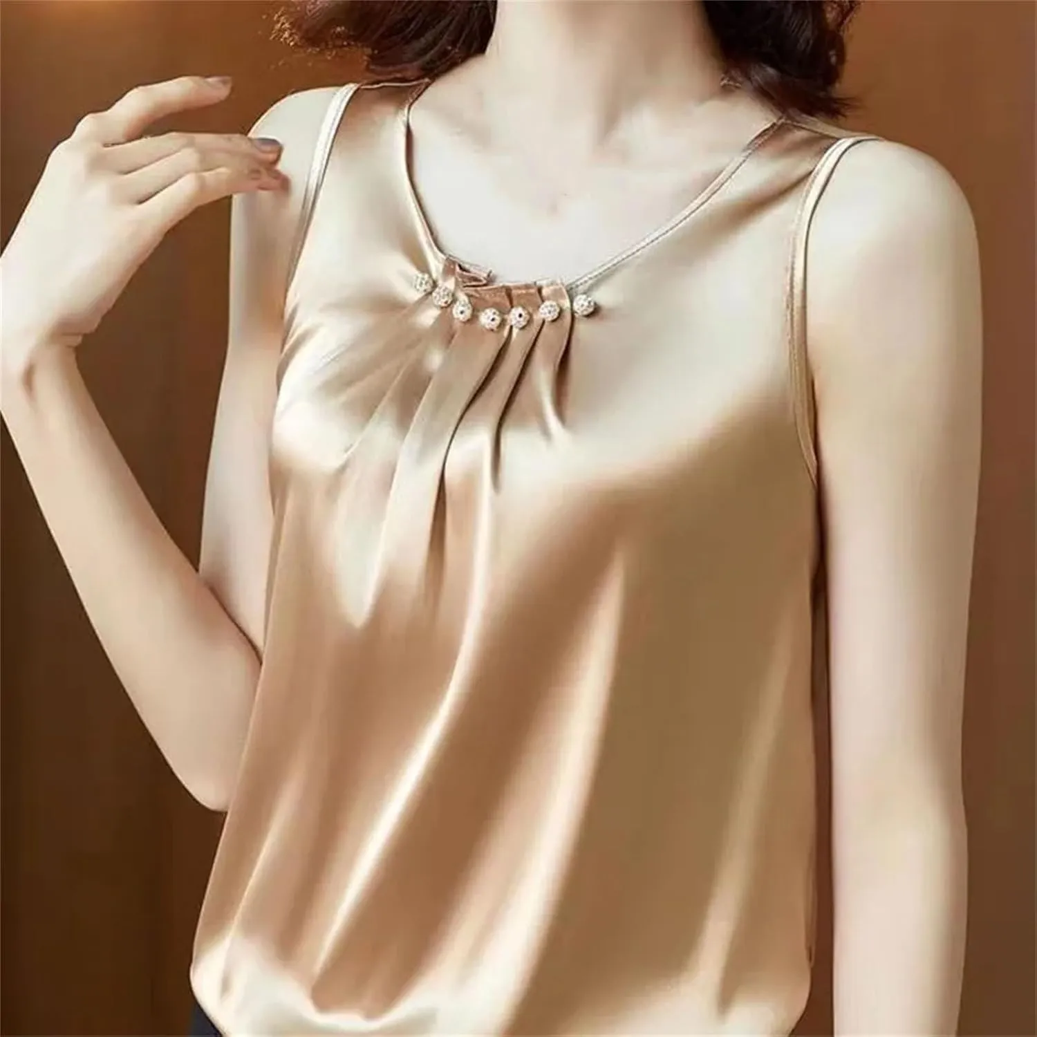 Women's Camisole Loose Clothes O Neck Basic White Sleeveless Satin Silk Tank Tops