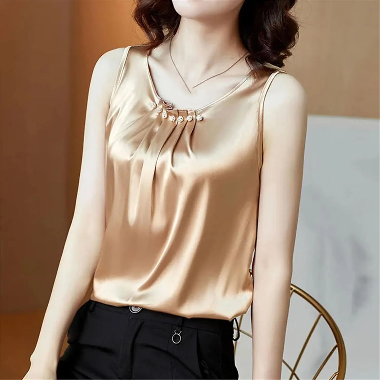 Women's Camisole Loose Clothes O Neck Basic White Sleeveless Satin Silk Tank Tops