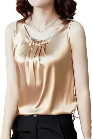 Women's Camisole Loose Clothes O Neck Basic White Sleeveless Satin Silk Tank Tops