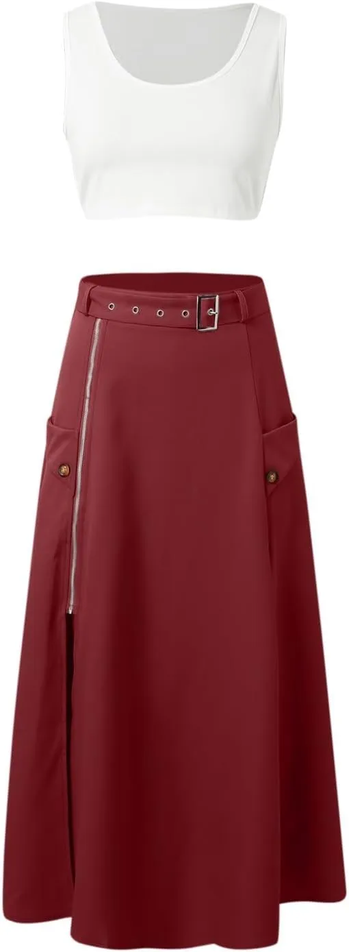 Women's Casual Solid Color Vest Zipper Skirt Long Skirt Set Sexy Sundresses Cocktail Sundress