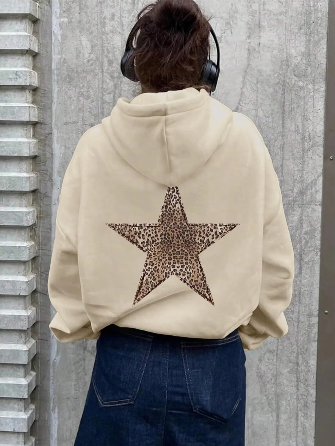 Women's Cheetah Leopard Star Print Hooded Sweatshirt Y2k Casual Long Sleeve Pullover Hoodie Tops
