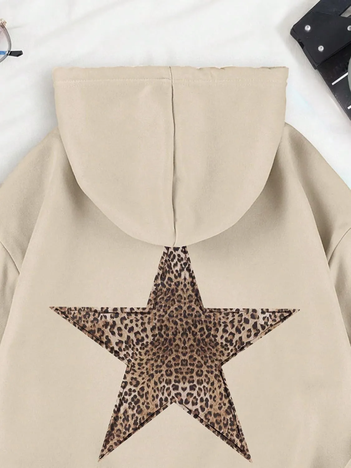 Women's Cheetah Leopard Star Print Hooded Sweatshirt Y2k Casual Long Sleeve Pullover Hoodie Tops