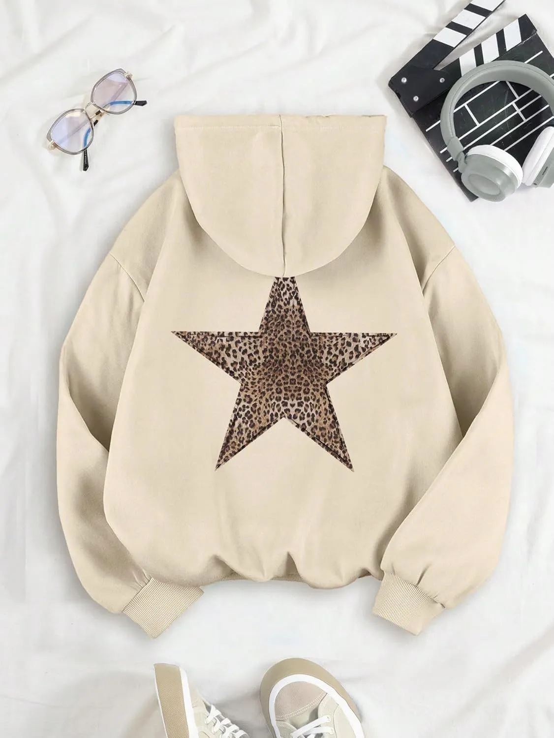 Women's Cheetah Leopard Star Print Hooded Sweatshirt Y2k Casual Long Sleeve Pullover Hoodie Tops
