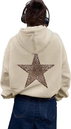 Women's Cheetah Leopard Star Print Hooded Sweatshirt Y2k Casual Long Sleeve Pullover Hoodie Tops