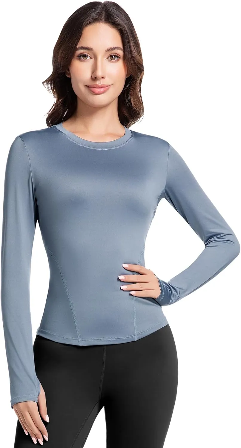 Women's Compression Shirt Long Sleeve Athletic Workout Tops Sun Protection Undershirt for Gym Yoga Running