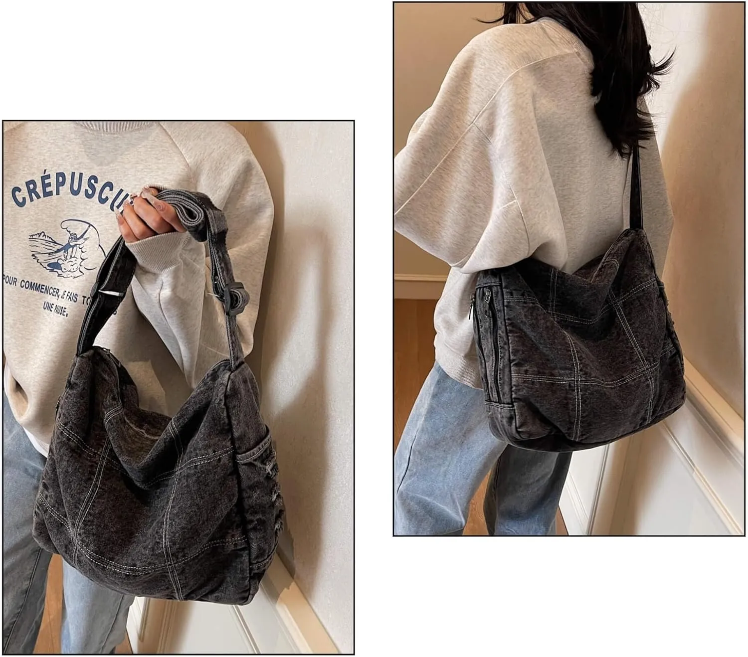Women's Denim Shoulder Bag with Multi-Pockets Durable Jean Hobo Crossbody Bag for Daily Use Travel