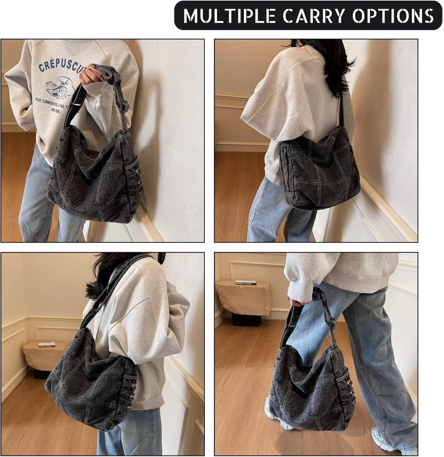Women's Denim Shoulder Bag with Multi-Pockets Durable Jean Hobo Crossbody Bag for Daily Use Travel