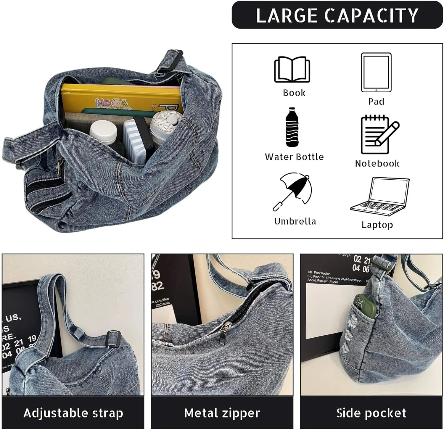 Women's Denim Shoulder Bag with Multi-Pockets Durable Jean Hobo Crossbody Bag for Daily Use Travel