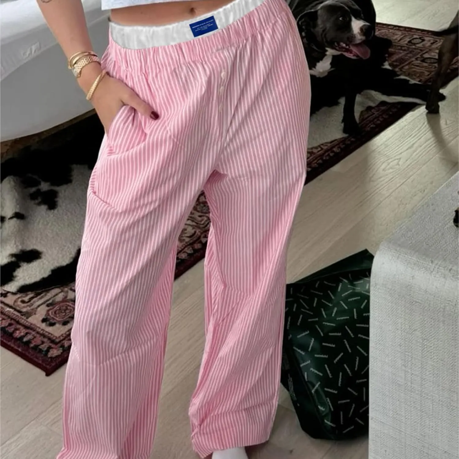 Women's Fashion High Waist Stripe Pants Y2K Patched Elastic Waist Straight Wide Leg Trousers E-girls Pj Bottoms