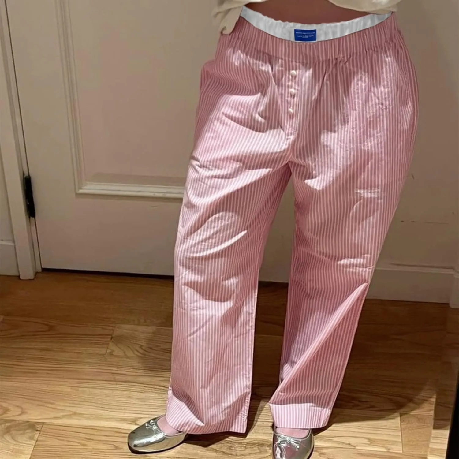 Women's Fashion High Waist Stripe Pants Y2K Patched Elastic Waist Straight Wide Leg Trousers E-girls Pj Bottoms
