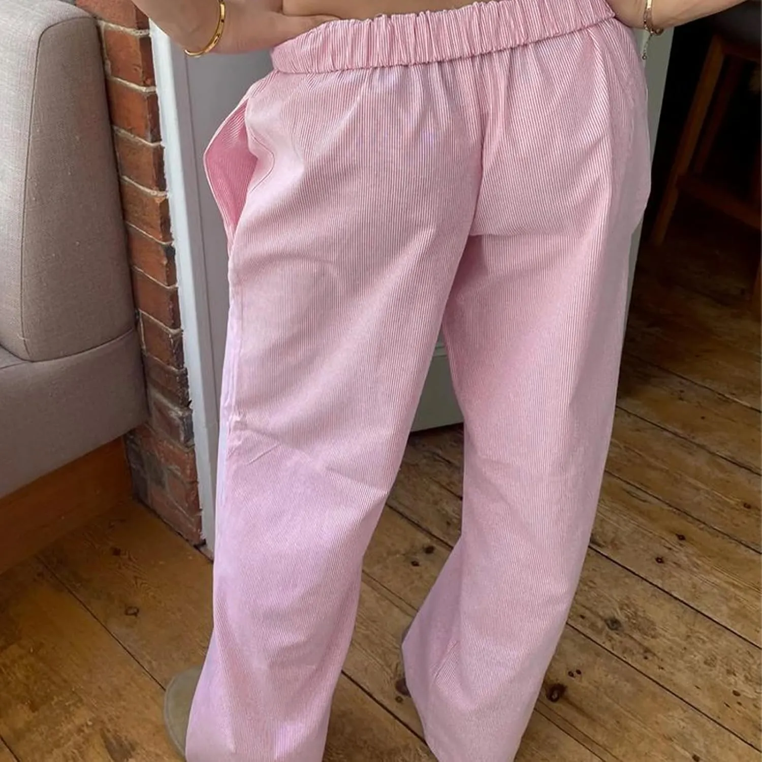 Women's Fashion High Waist Stripe Pants Y2K Patched Elastic Waist Straight Wide Leg Trousers E-girls Pj Bottoms