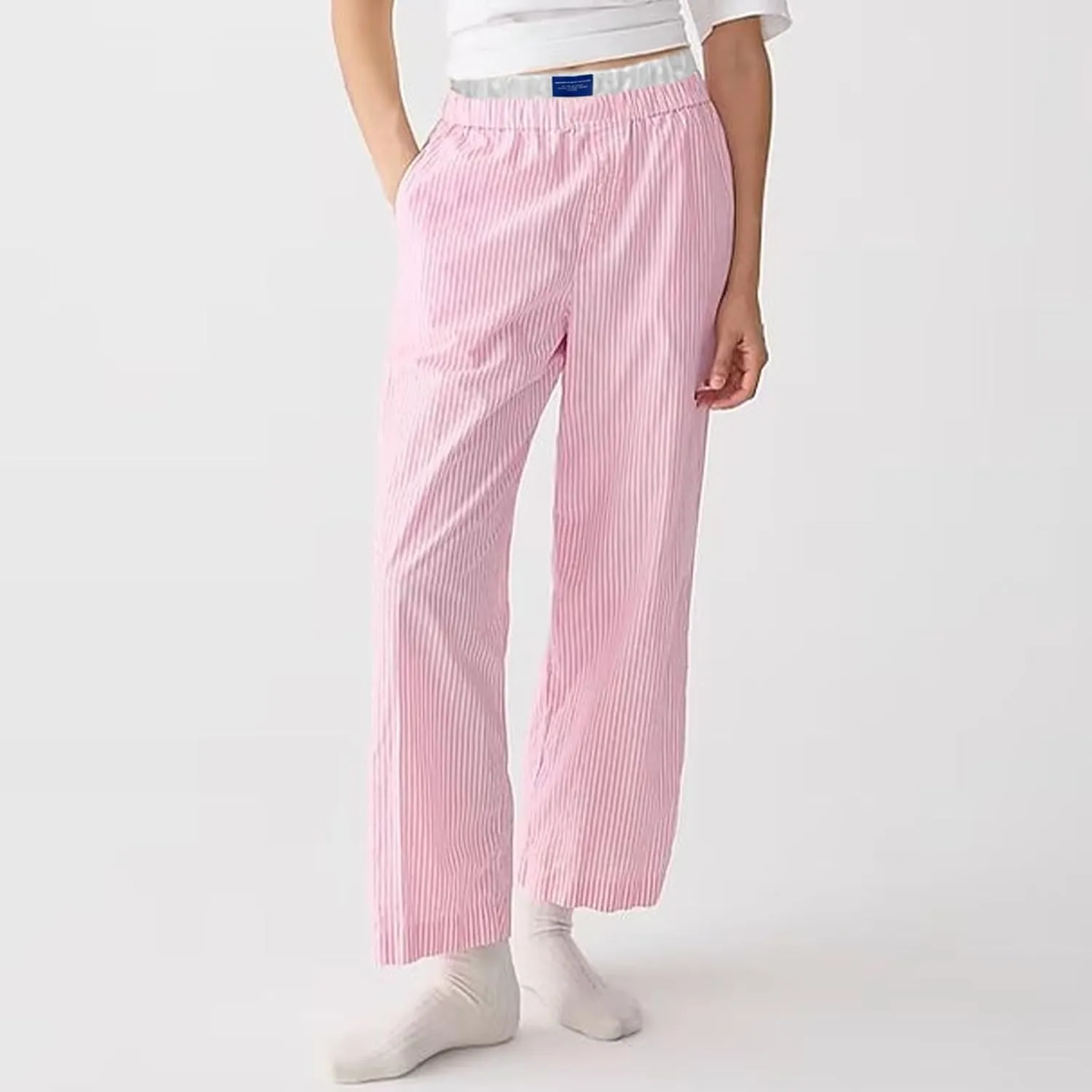 Women's Fashion High Waist Stripe Pants Y2K Patched Elastic Waist Straight Wide Leg Trousers E-girls Pj Bottoms