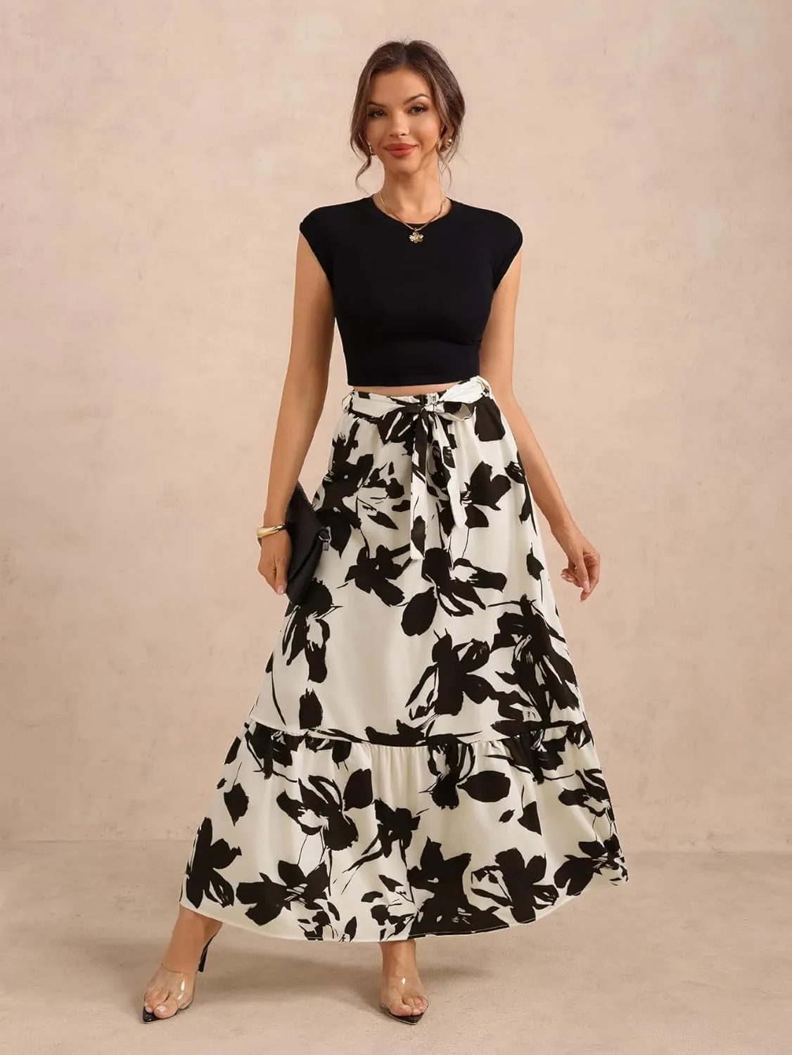 Women's Floral Print Ruffle Hem Skirt High Waisted A Line Flowy Maxi Skirts with Belt