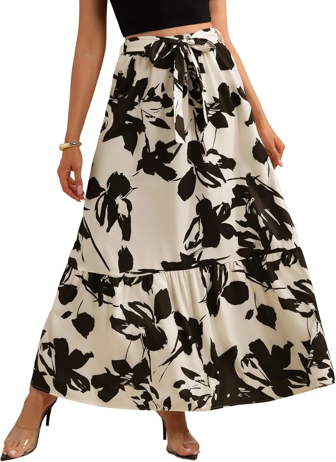 Women's Floral Print Ruffle Hem Skirt High Waisted A Line Flowy Maxi Skirts with Belt