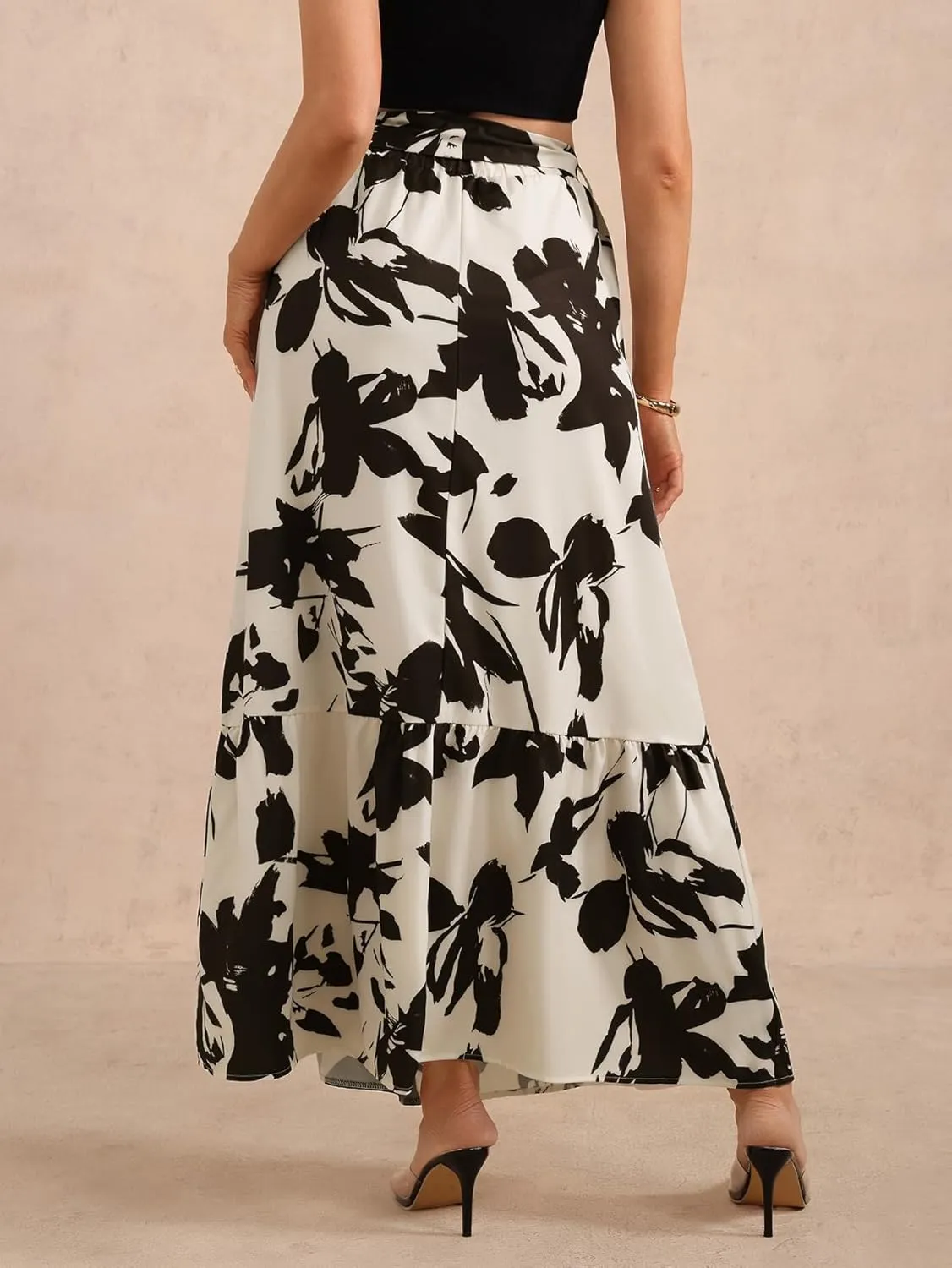 Women's Floral Print Ruffle Hem Skirt High Waisted A Line Flowy Maxi Skirts with Belt