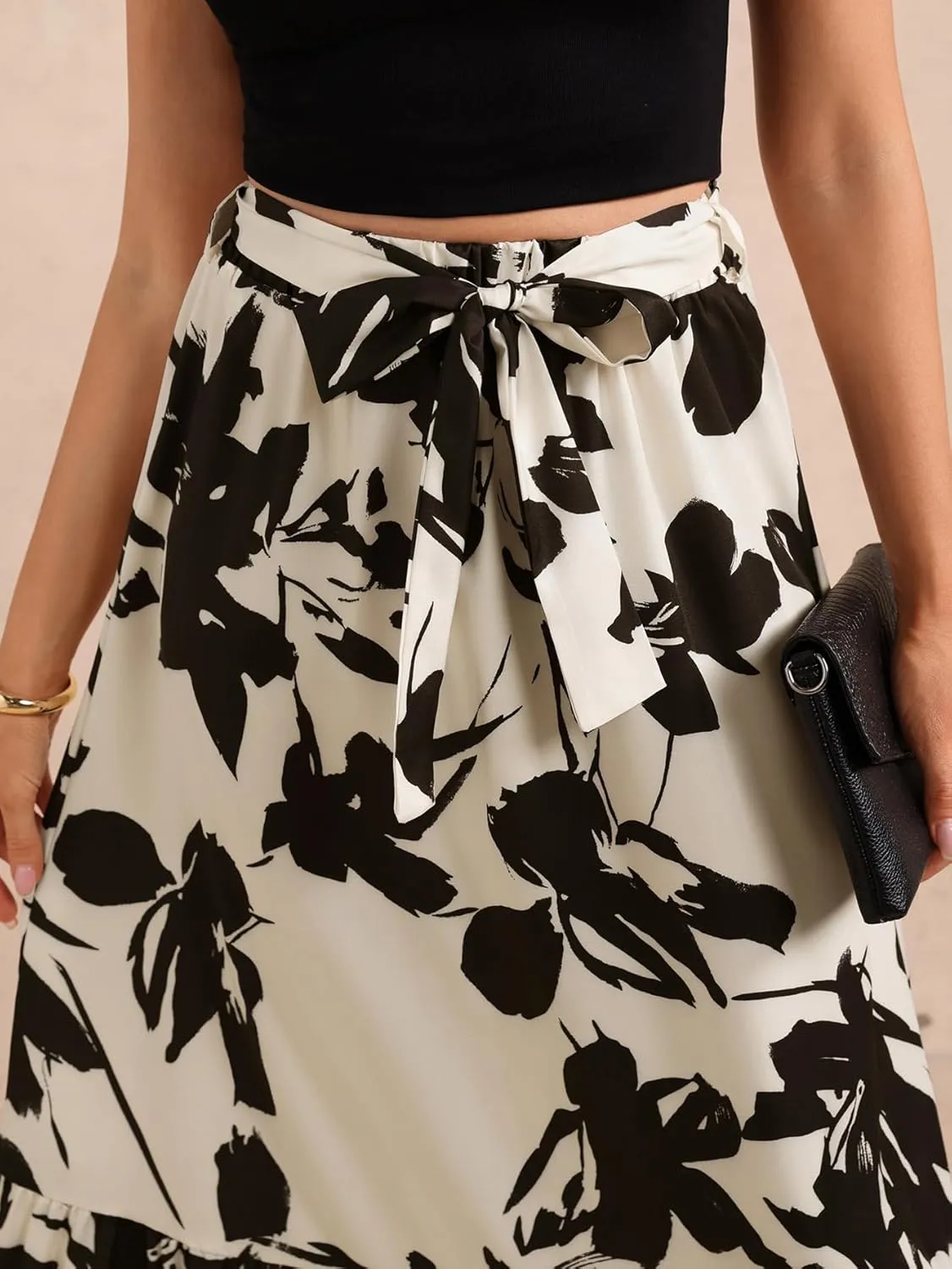 Women's Floral Print Ruffle Hem Skirt High Waisted A Line Flowy Maxi Skirts with Belt