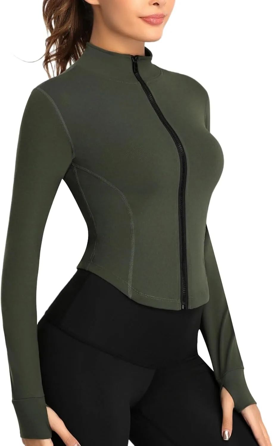Women's Full Zip Running Yoga Slim Fit Cropped Bbl Athletic Jacket Workout Sportwear With Thumb Holes