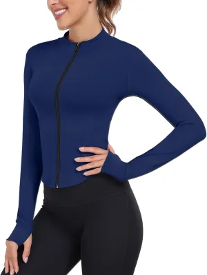Women's Full Zip Running Yoga Slim Fit Cropped Bbl Athletic Jacket Workout Sportwear With Thumb Holes